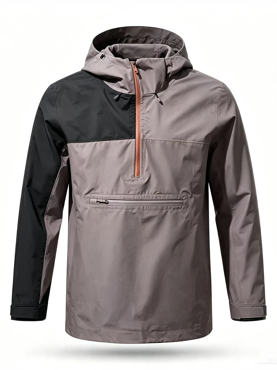 Ultralight 3L half-zip anorak in taupe and black